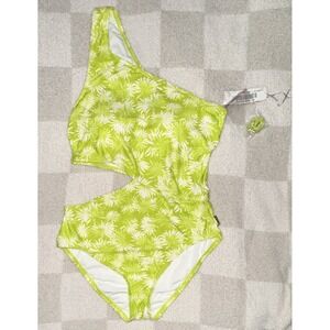 Michael Michael Kors One-Shoulder Cutout Swimsuit Green/White 10 Summer